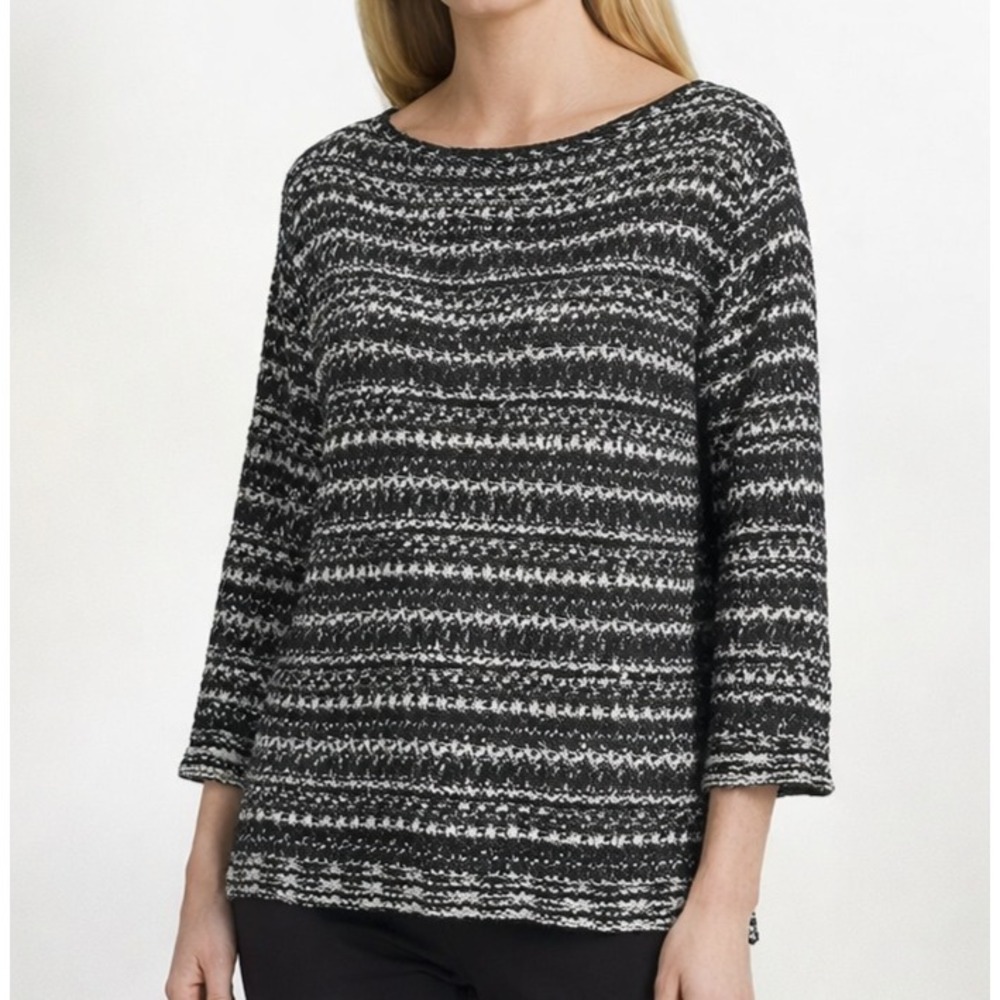 Eileen Fisher Minimalist Open Knit Crochet Blouse Black White‎ Petite Medium Top